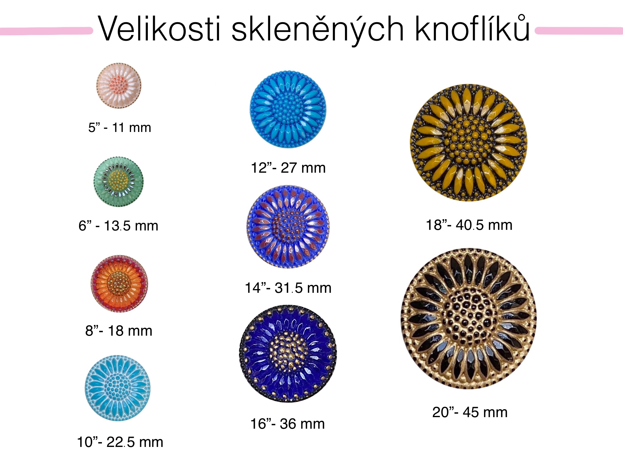 velikosti skleněných knoflíků